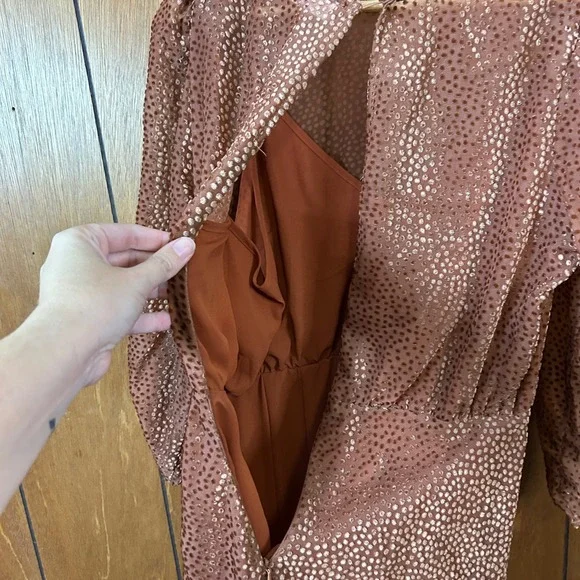 ASTR The Label Ginger Ruched Ruffle Midi Dress Brown Polka Dot Sheer‎ Sleeve M - Picture 5 of 8